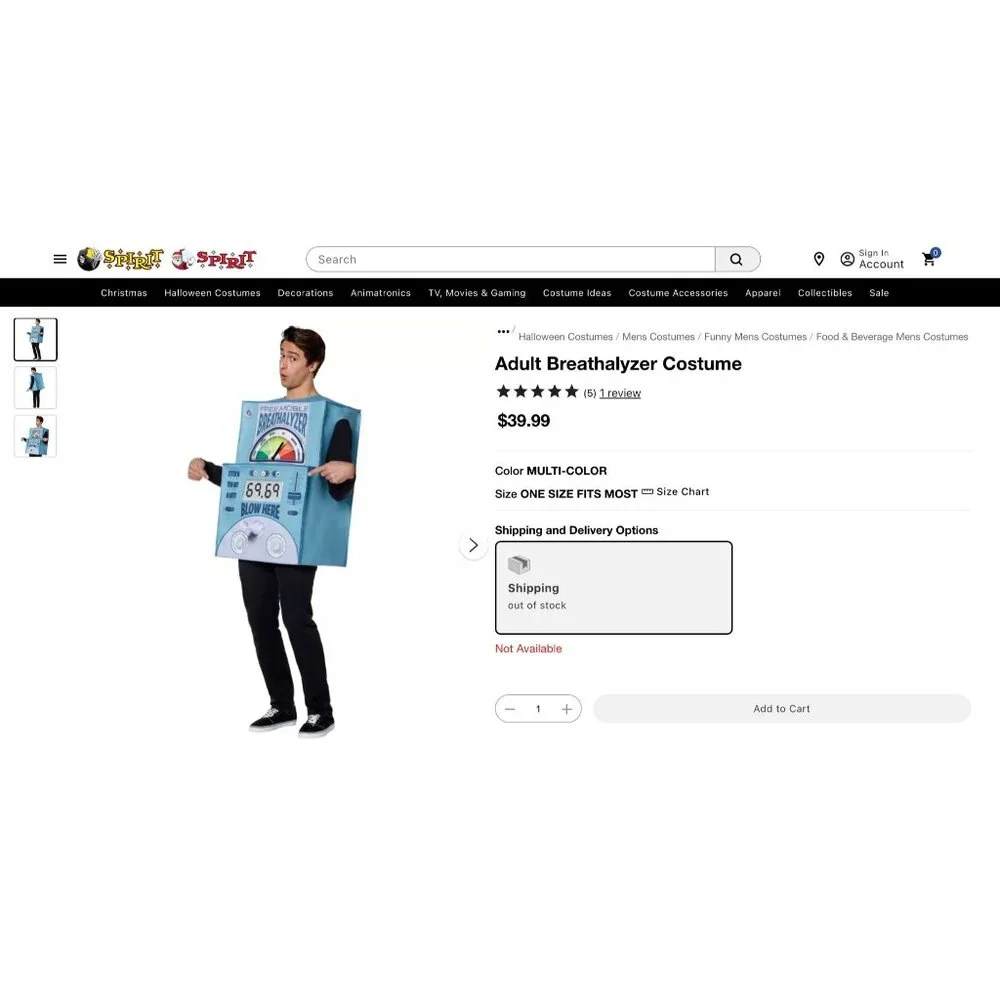 Spirit Halloween Adult Breathalyzer‎ Costume NEW Funny Party Drinking Blow Here - Picture 7 of 10